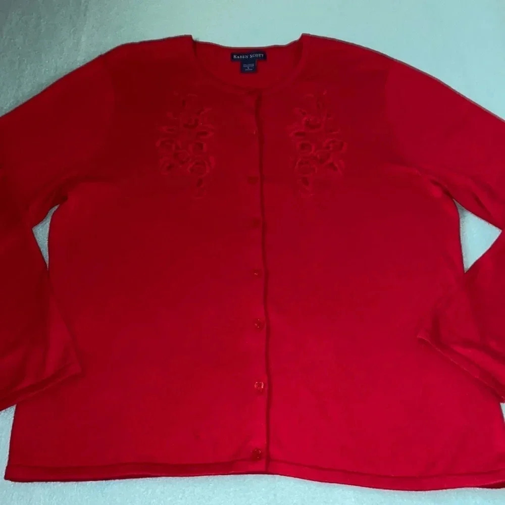 KAREN SCOTT knit sweater cardigan button up embroidered beaded sequins size L